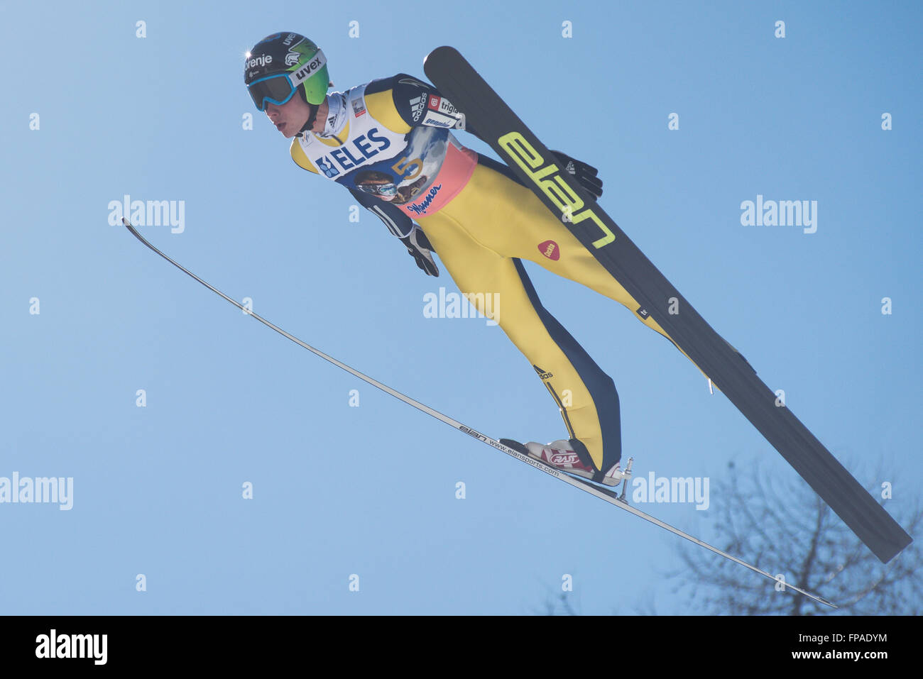 Rok Justin of Slovenia competes during Planica FIS Ski Jumping World Cup finals on the March 18, 2016 in Planica, Slovenia. (Photo by Rok Rakun/Pacific Press) Stock Photo