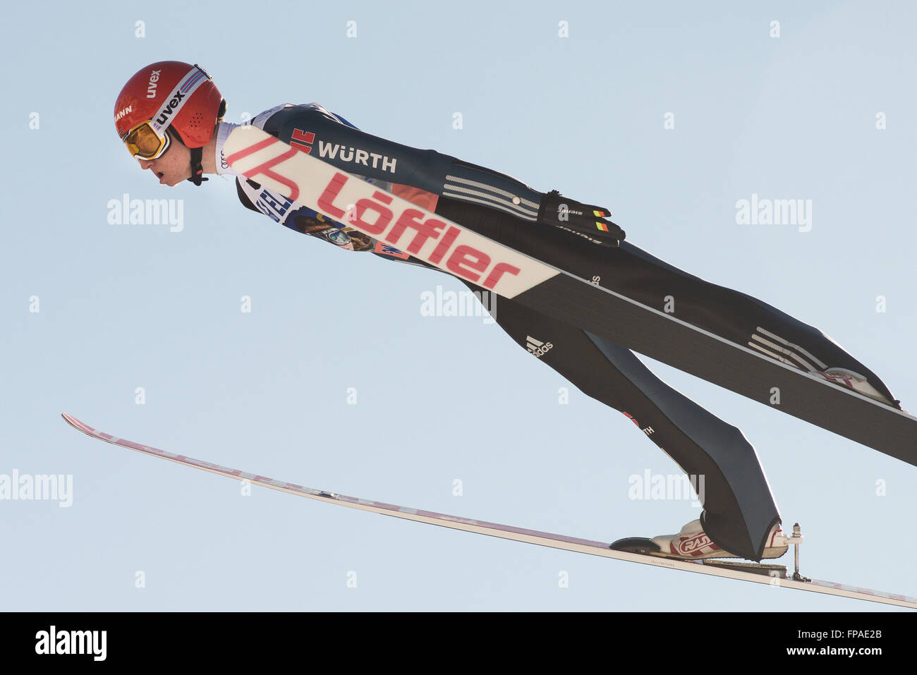 Planica, Slovenia. 18th Mar, 2016. Karl Geiger of Germany competes during Planica FIS Ski Jumping World Cup finals on the March 18, 2016 in Planica, Slovenia. © Rok Rakun/Pacific Press/Alamy Live News Stock Photo