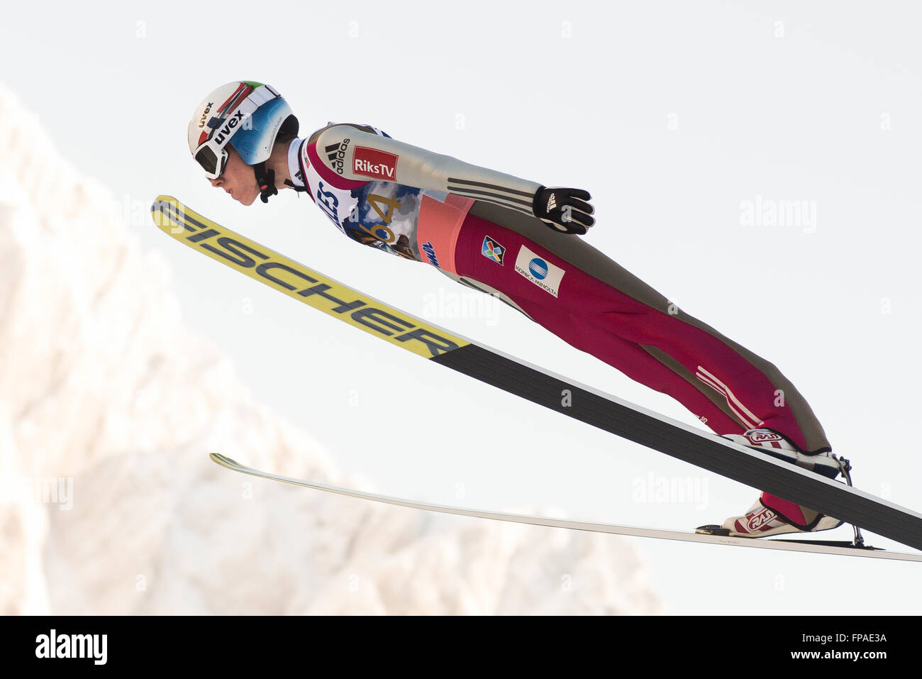 Planica, Slovenia. 18th Mar, 2016. Johann Andre Forfang of Norway competes during Planica FIS Ski Jumping World Cup final on the March 18, 2016 in Planica, Slovenia. © Rok Rakun/Pacific Press/Alamy Live News Stock Photo