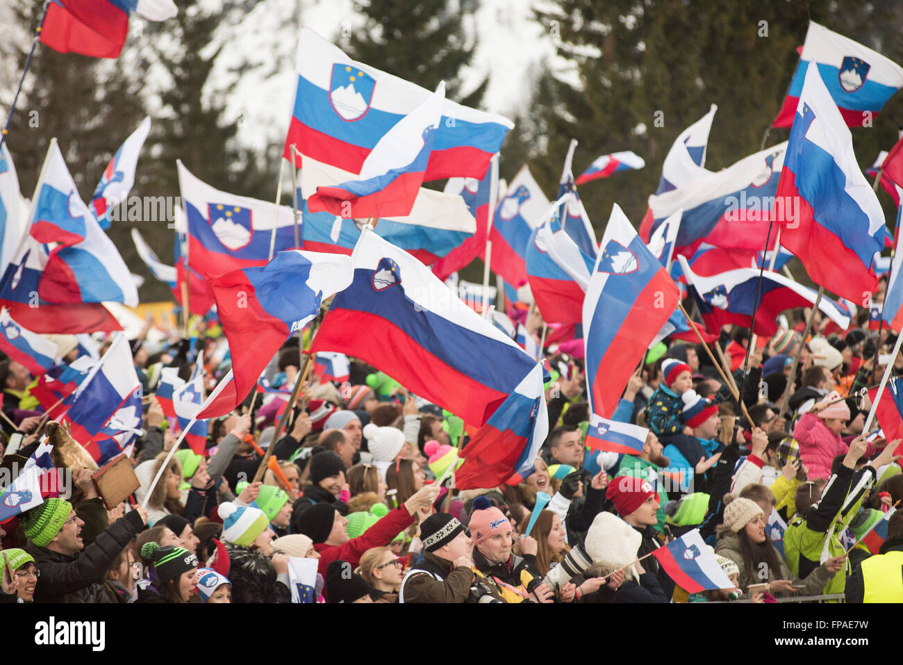 Planica, Slovenia. 18th Mar, 2016. Crowd of 30 000 spectators watching competition FIS Ski Jumping World Cup finals in Planica, Slovenia on March 18, 2016. © Rok Rakun/Pacific Press/Alamy Live News Stock Photo