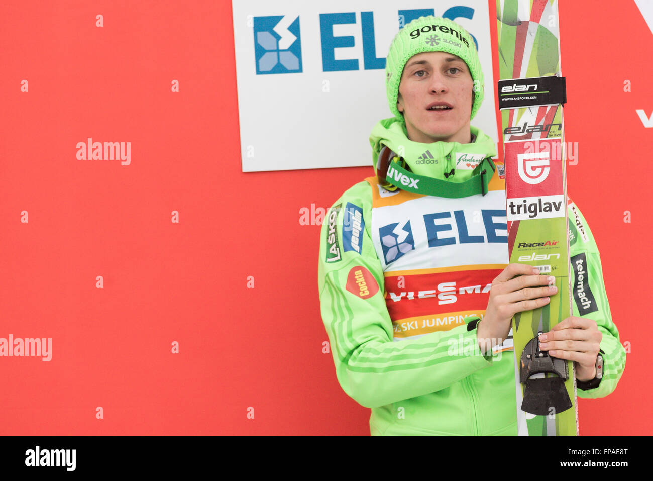 Planica, Slovenia. 18th Mar, 2016. Peter Prevc of Slovenia on podium celebrating his second place at the Planica FIS Ski Jumping World Cup final in Planica, Slovenia on March 18, 2016. © Rok Rakun/Pacific Press/Alamy Live News Stock Photo