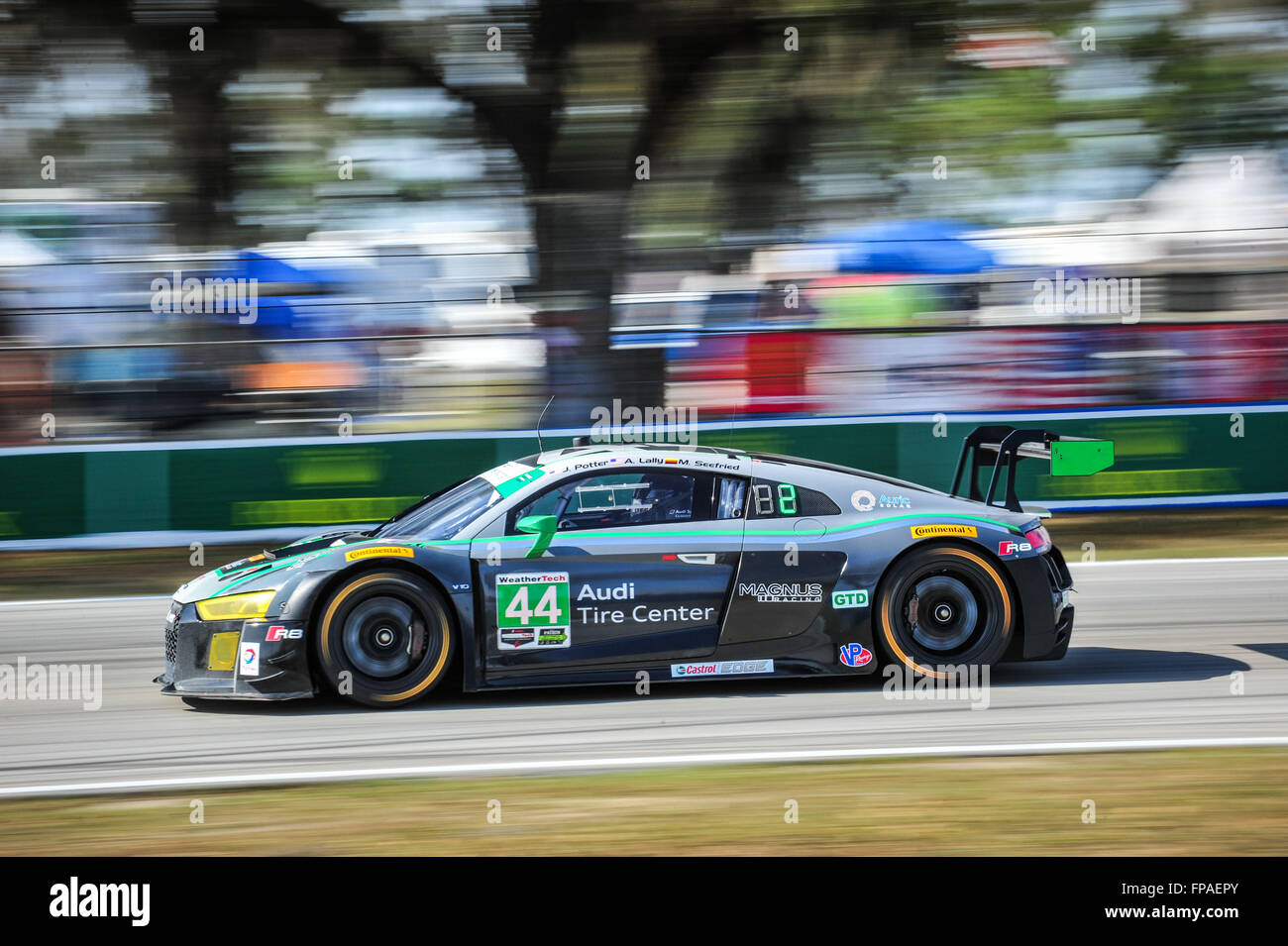 Sebring, Florida, USA. 18th Mar, 2016. Imsa WTSC 12 hours of Sebring endurance race. Friday practise and qualification day. #44 MAGNUS RACING (USA) AUDI R8 LMS GT3 GTD JOHN POTTER (USA) ANDY LALLY (USA) MARCO SEEFRIED (DEU) Credit:  Action Plus Sports/Alamy Live News Stock Photo