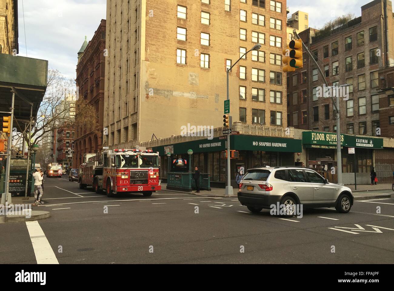 Firetruck at an intersection on Lafayette Street in Manhattan. Stock Photo