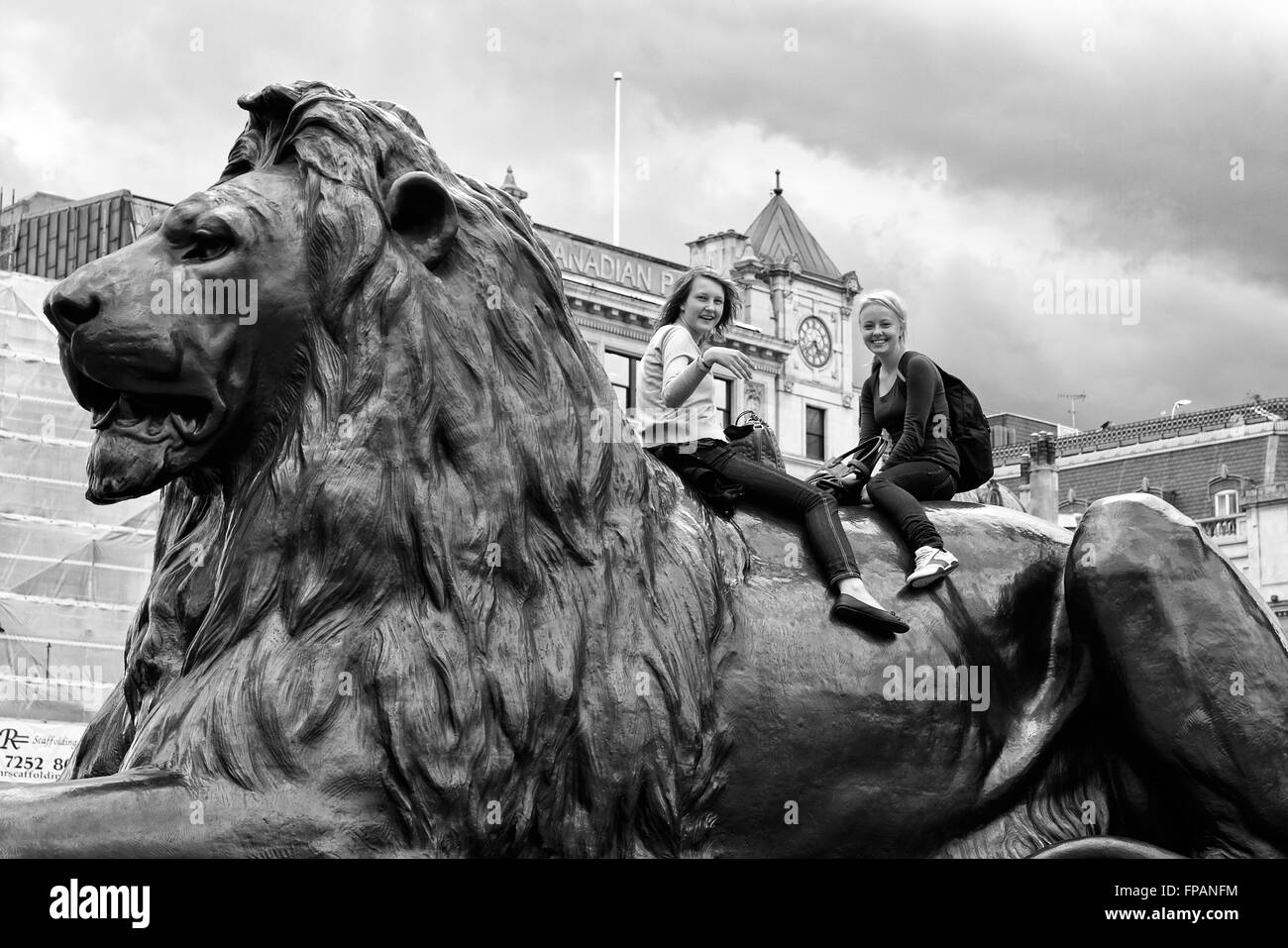 Tourists sitting on Lion statue trafalgar square london UK Stock Photo