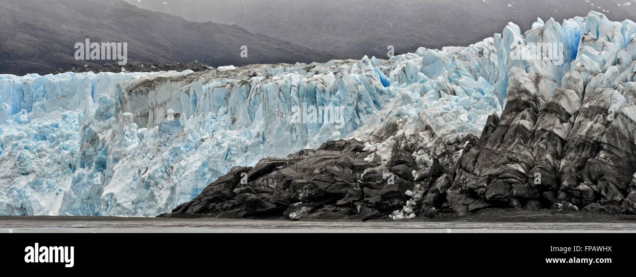 Terminal moraine advancing at Brüggen Glacier, also known as Pío XI Glacier is the only advancing tidewater glacier in South Ame Stock Photo