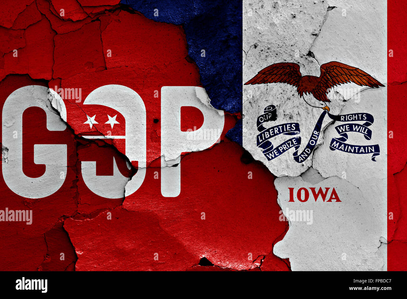 flag of GOP and Iowa painted on cracked wall Stock Photo