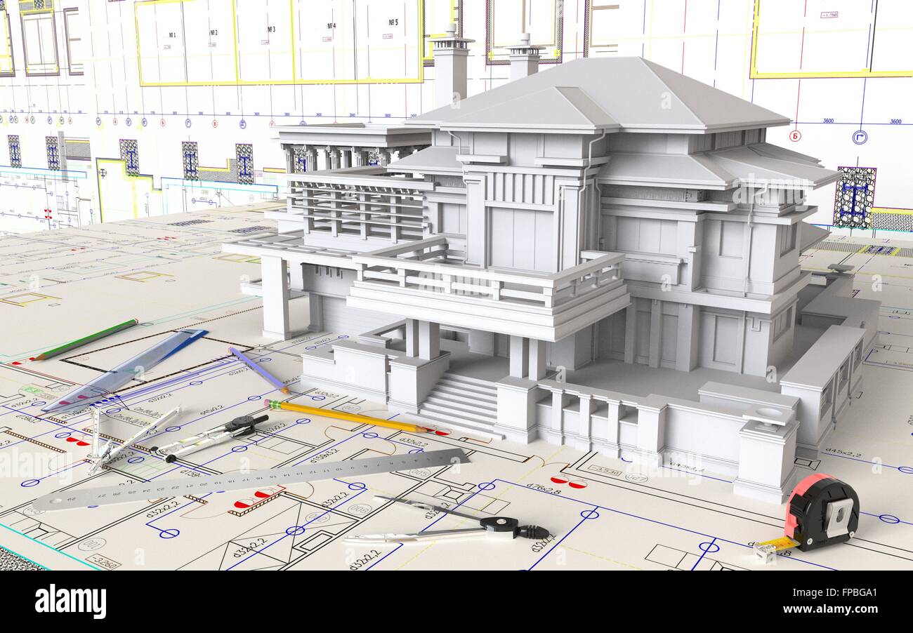 3D Rendering House Layout And Architectural Drawings Stock Photo - Alamy