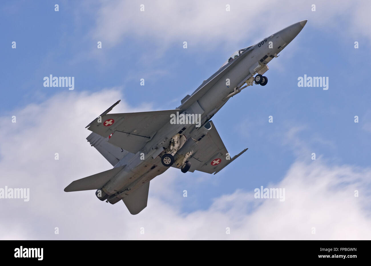 Swiss Air Force F/A-18C Hornet J-5005 lifting the gear Stock Photo