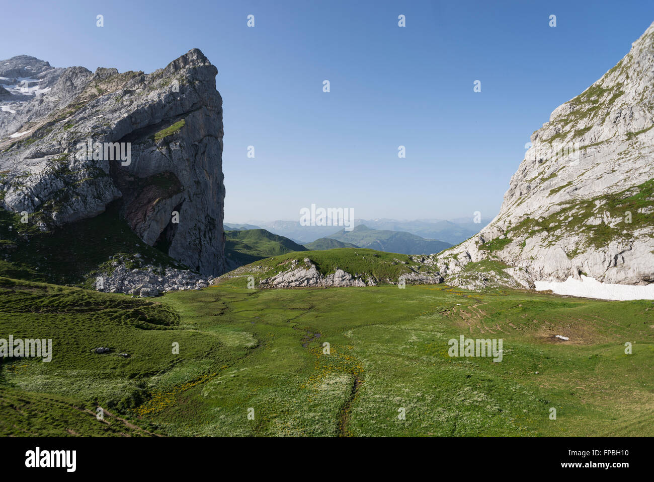 View into Grisons through alpine pass from Austria to Switzerland called Schweizertor in the Raetikon mountain range in summer Stock Photo