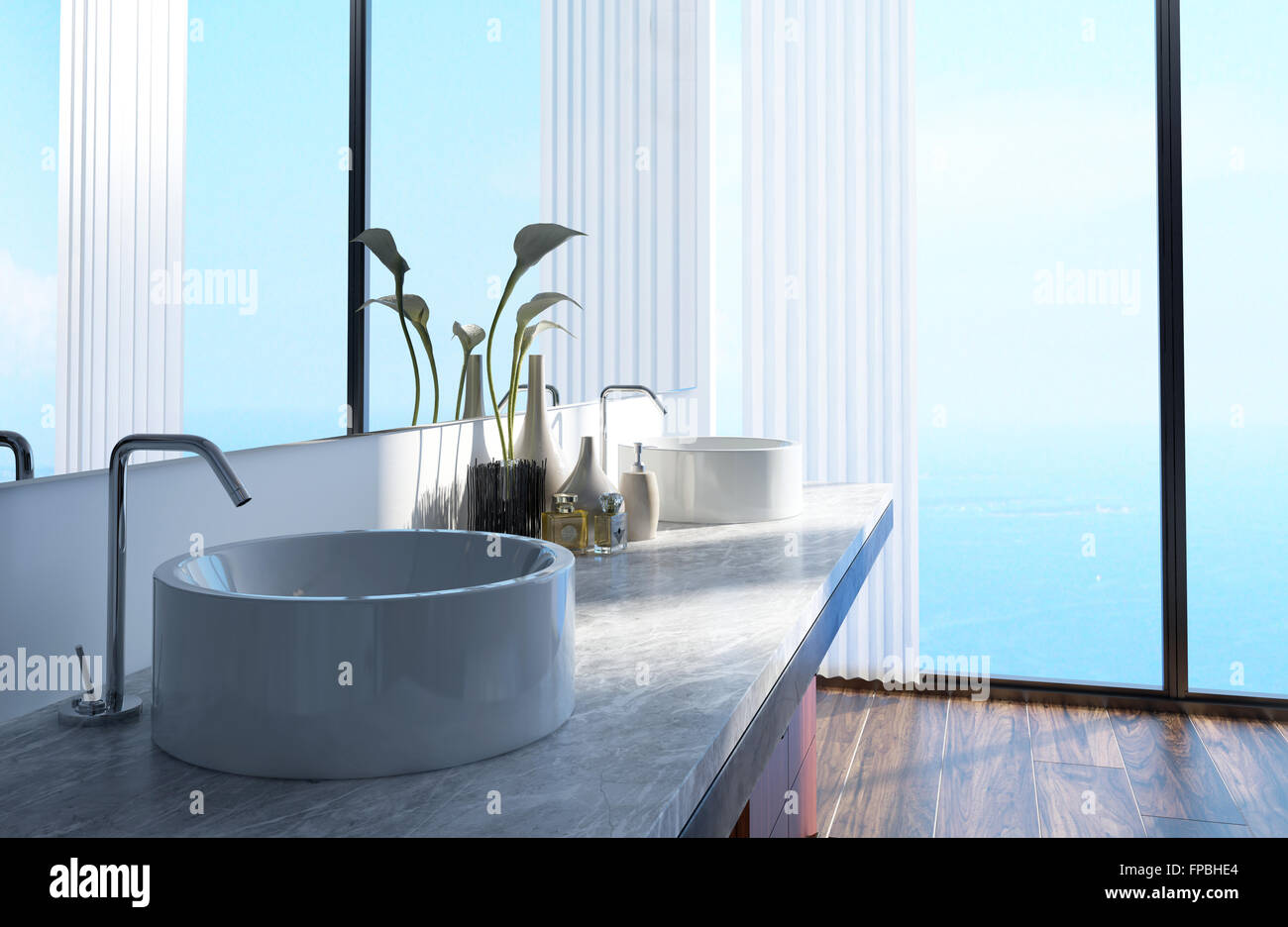 Vanity Unit And Wall Mounted Mirror In A Modern Bathroom