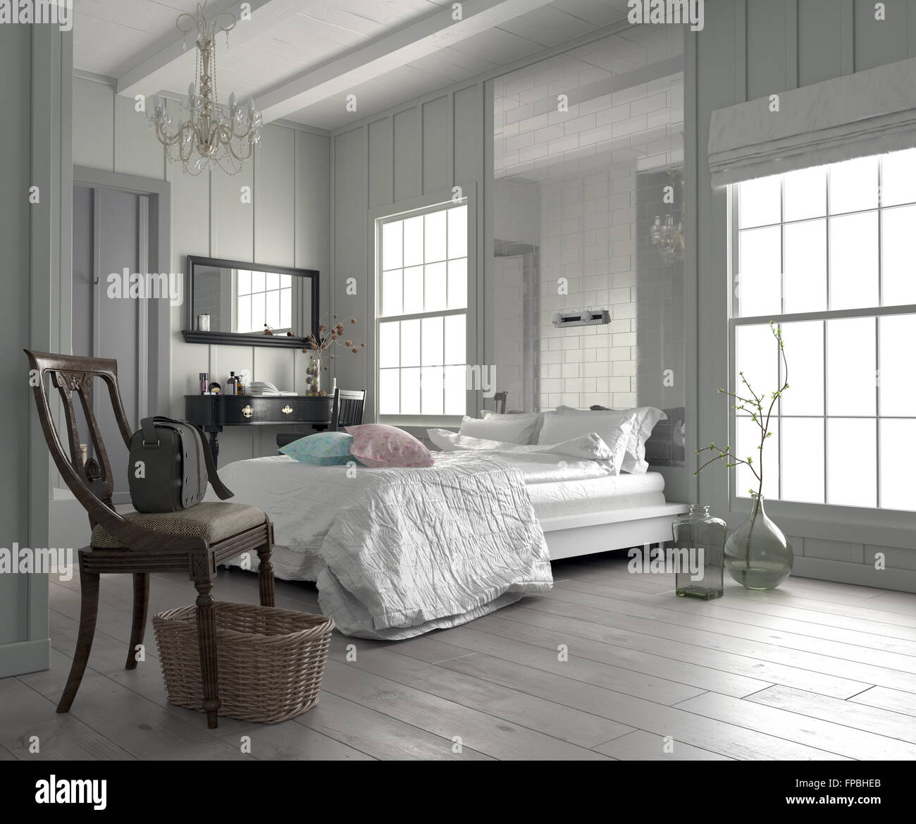 Large Spacious Modern White Bedroom Interior With A King