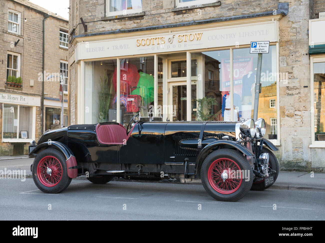 1934 Vintage Lagonda M45 parked outside scotts of stow shop. Stow on