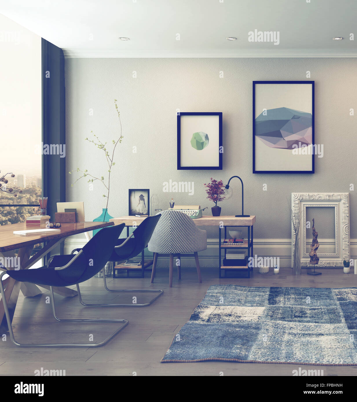 Open Concept Home Office Space With Eclectic Furnishings In Modern Stock Photo Alamy