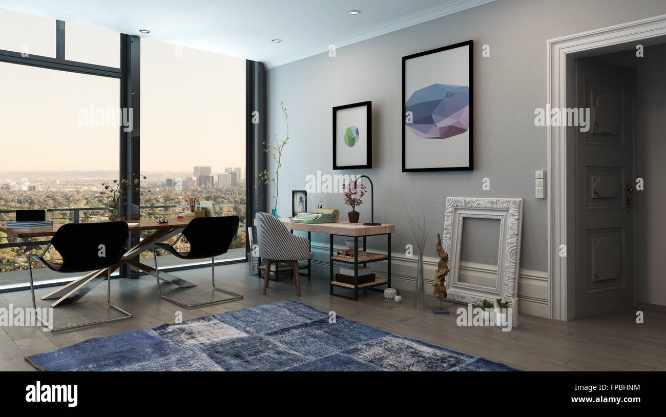 panoramic interior of open concept office in modern high rise stock