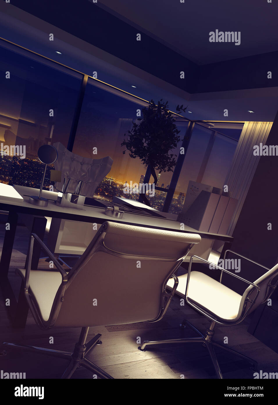 Dimly Lit Empty Luxury Home Office Interior With A Desk And