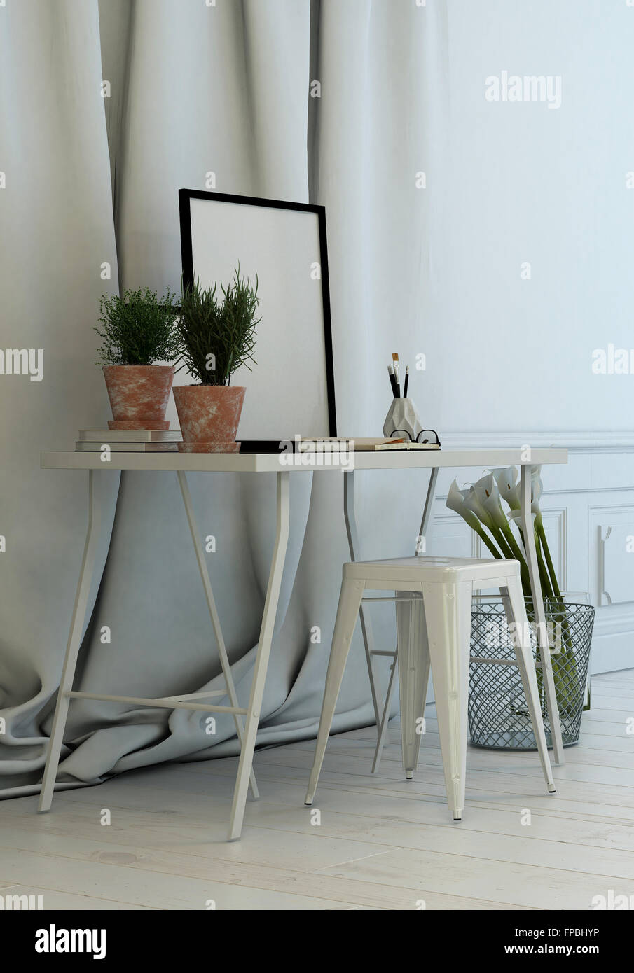 Simple Writing Table In Front Of Luxurious Long White Drapes With