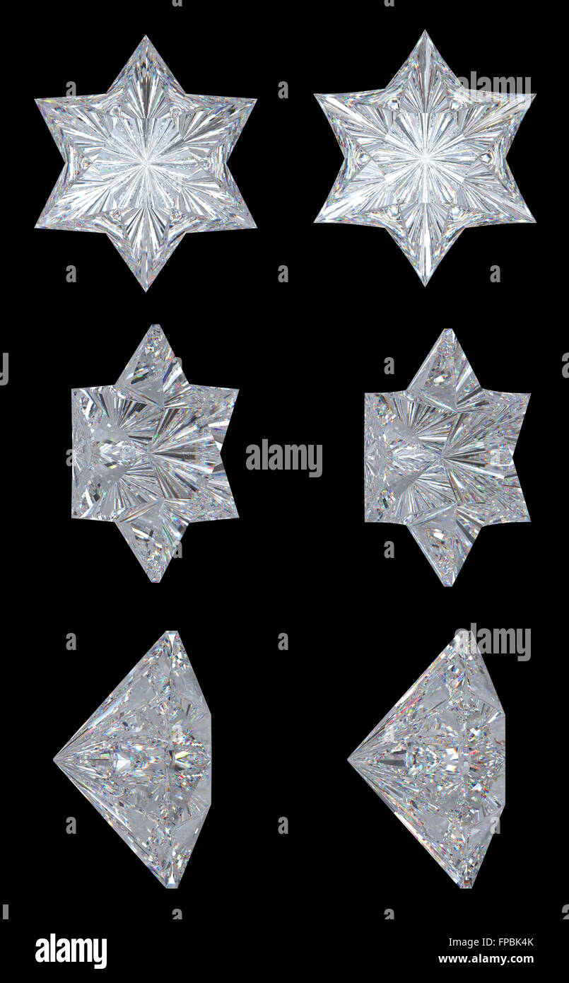Star of David or hexagram Diamond. top, bottom and side views. Over black. Extralarge resolution. Other gems are in my portfolio Stock Photo