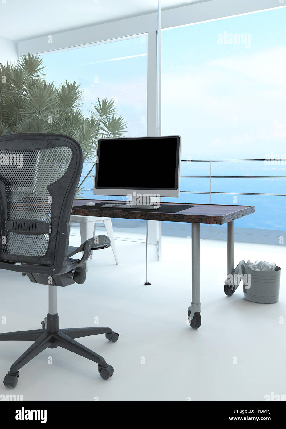 Modern Waterfront Office Interior With A Computer Workstation And Chair In Front Of Large Floor To Ceiling Glass Window Overlooking The Sea
