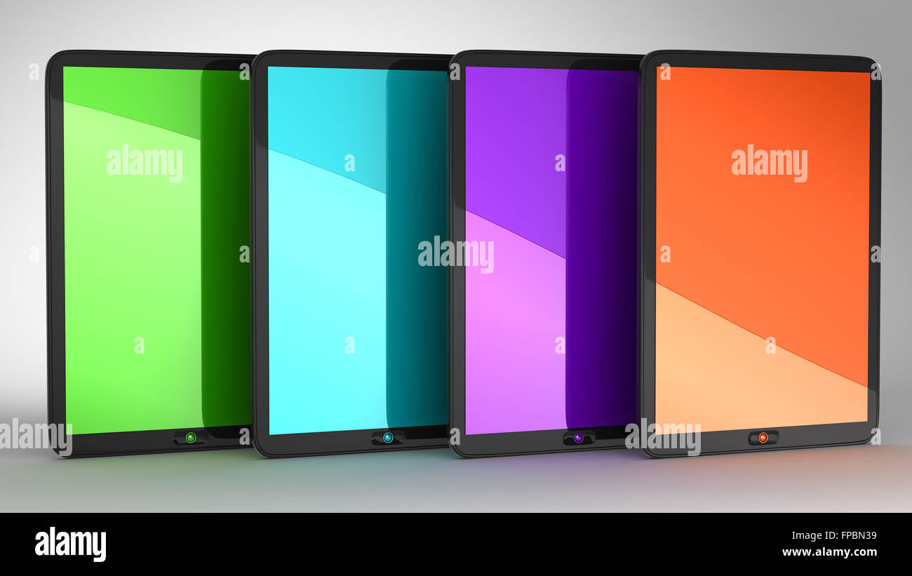 Group of four Tablets PCs with colored displays. Extralarge resolution Stock Photo