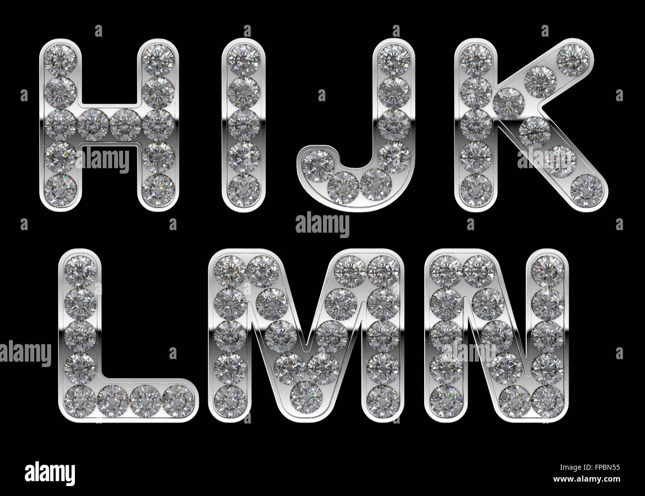 Silver H, I, J, K, L, M, N, letters incrusted with diamonds. Other character are in my portfolio Stock Photo