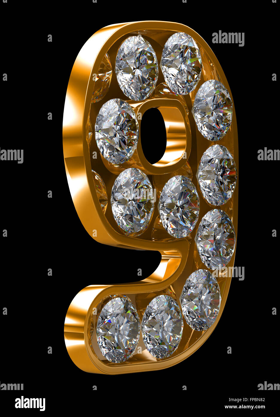 Golden 9 numeral incrusted with diamonds. Other numbers are in my portfolio Stock Photo