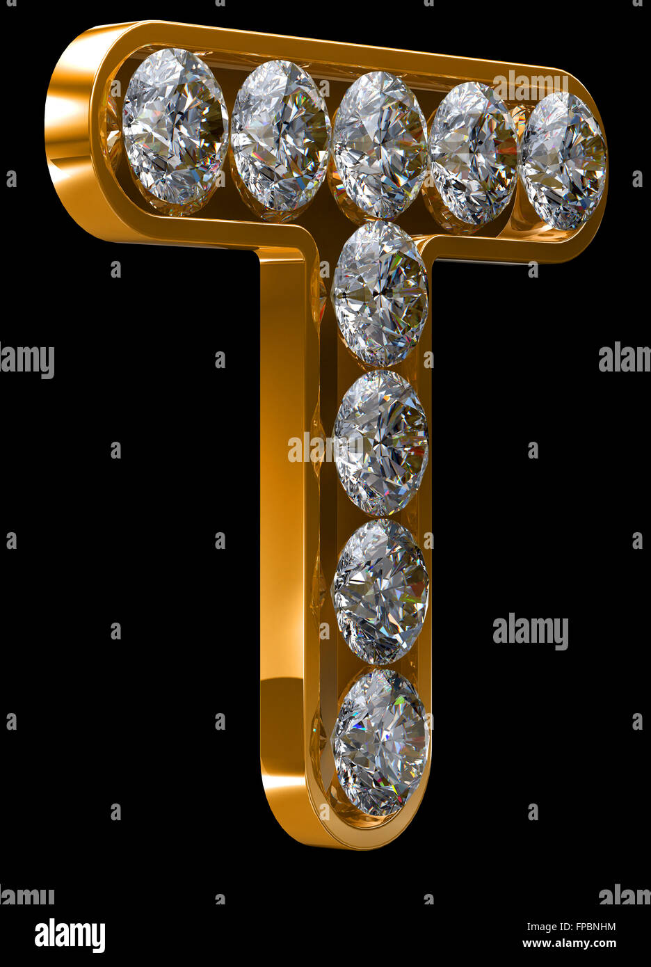 Golden T letter incrusted with diamonds. Other characters are in my portfolio Stock Photo