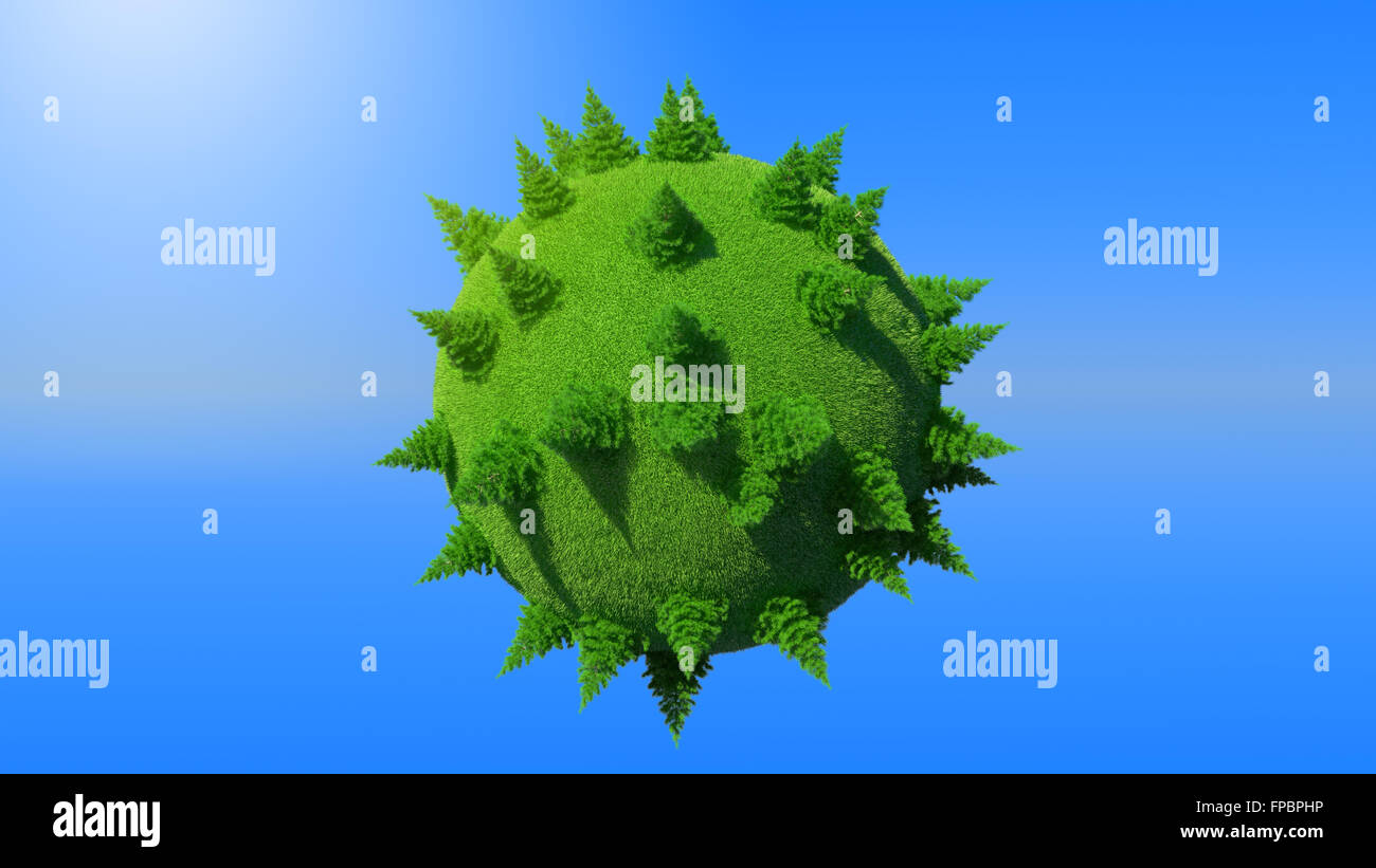 Green Earth planet with firtrees concept and blue sky. Large resolution Stock Photo