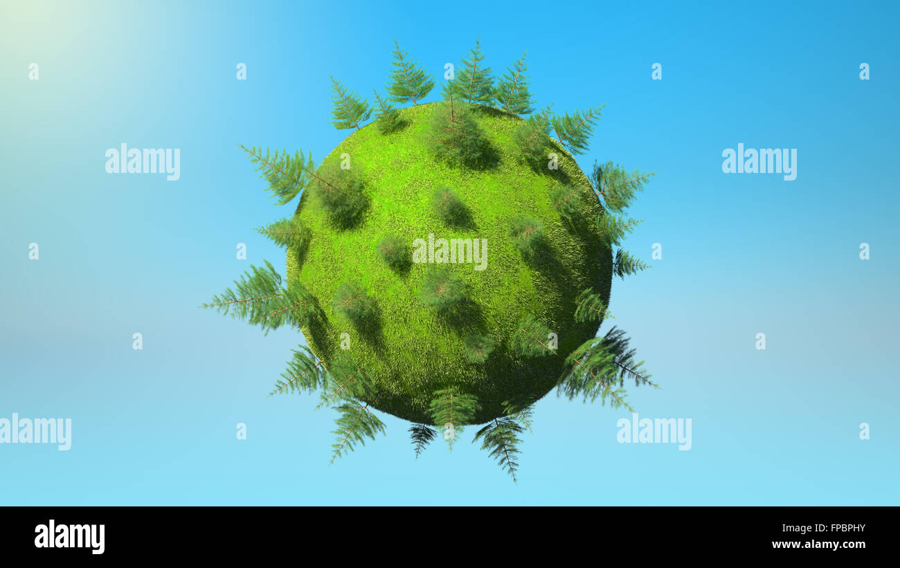 Environment concept - Earth planet with firtrees and blue sky. Large resolution Stock Photo