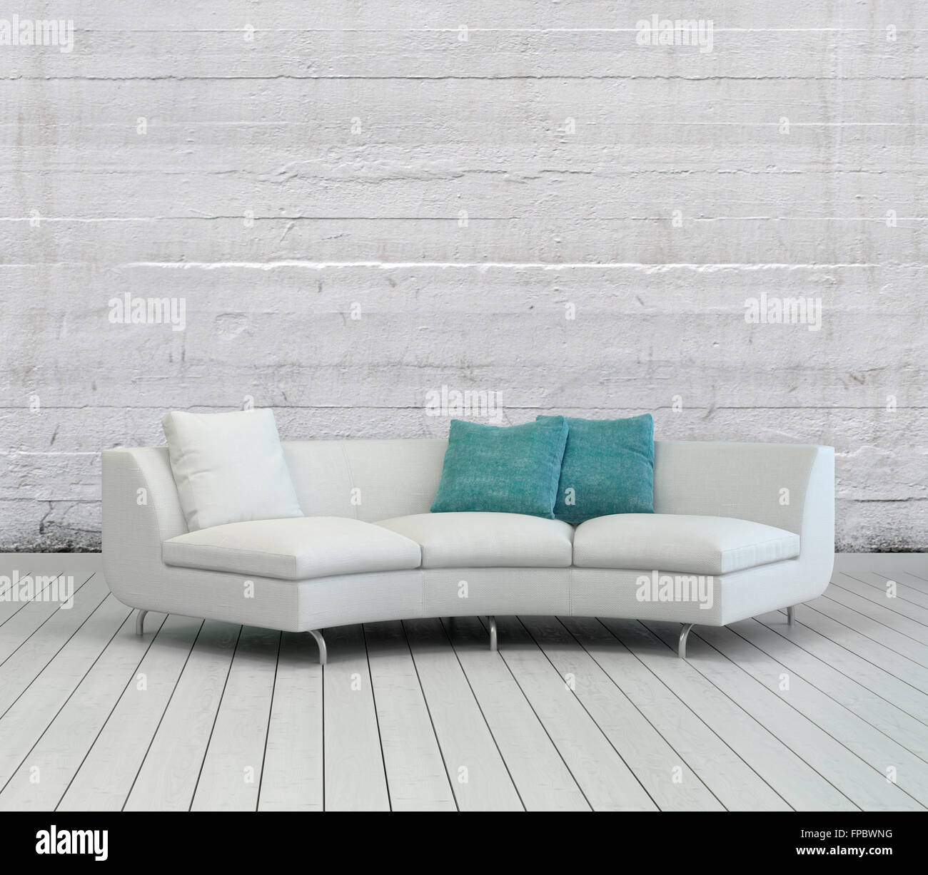 Elegant White Sofa With White And Green Pillows On An Empty Lounge