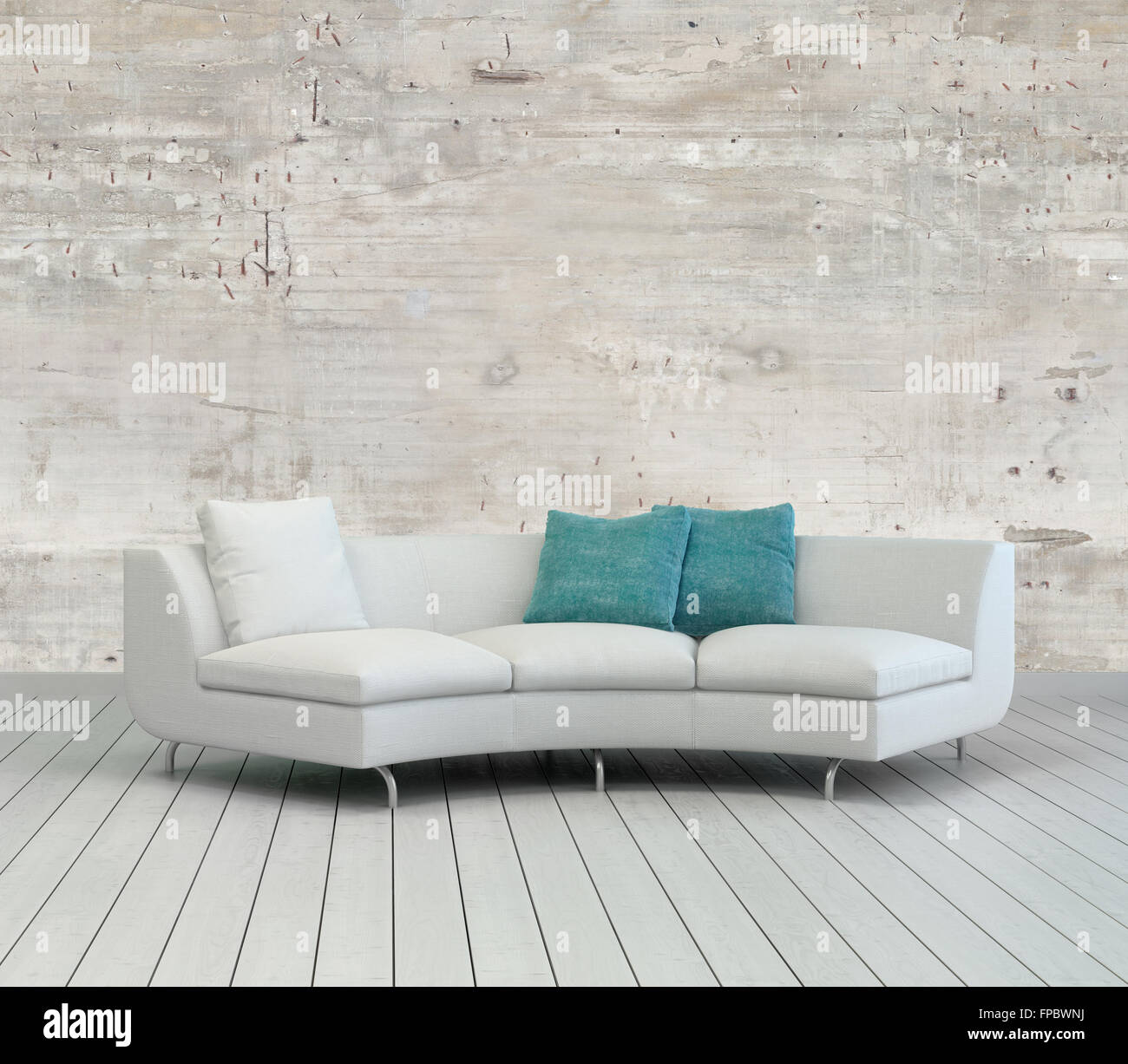Elegant White Couch With White And Green Pillows On An Empty