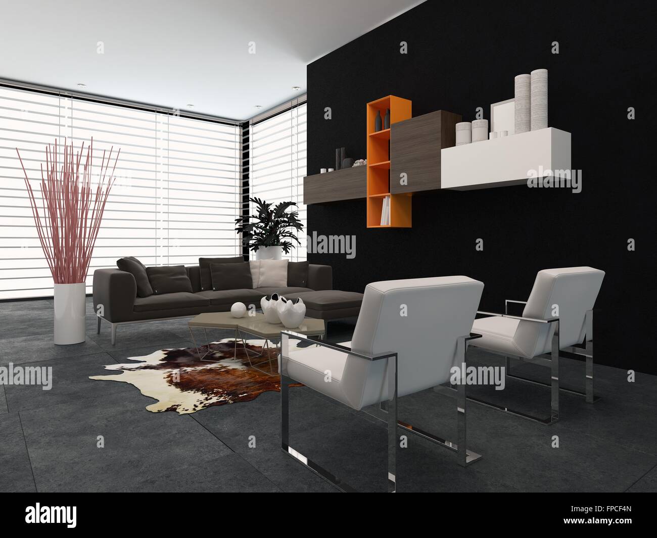 Modern Living Room With A Glass Wall Covered By A Blind Wall Mounted Stock Photo Alamy