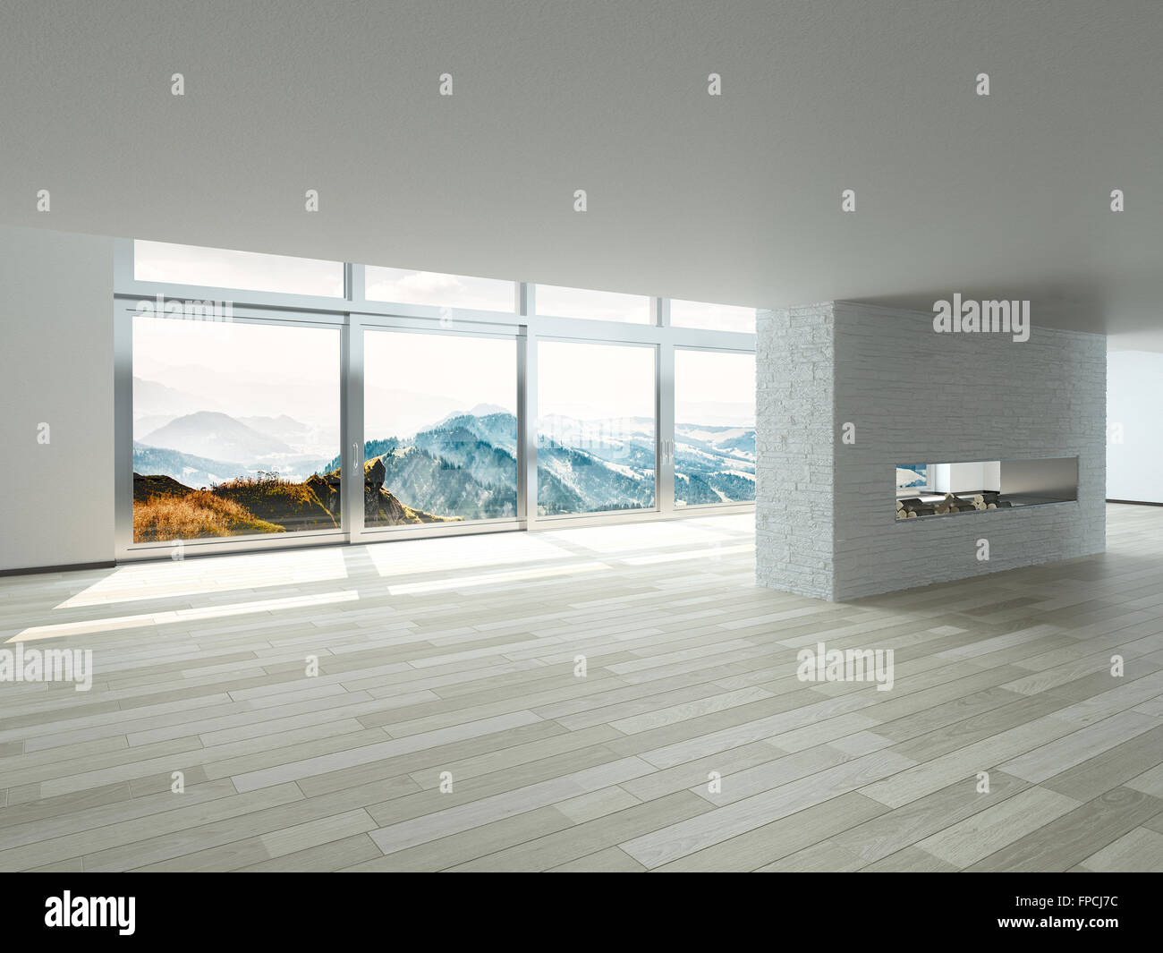 Open Plan Empty Living Room Interior With White Walls