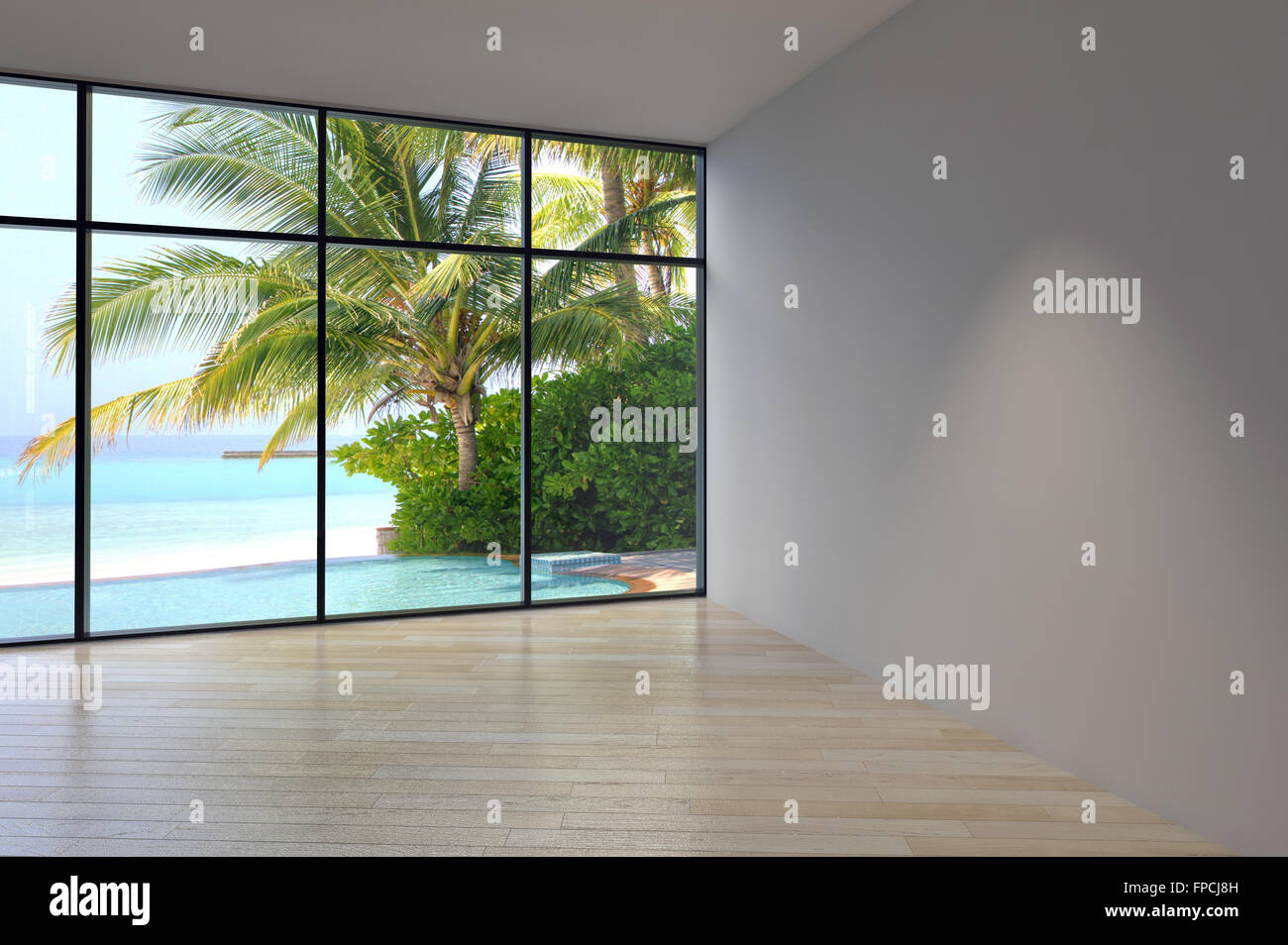 Empty Living Room Interior With A Large Floor To Ceiling Glass