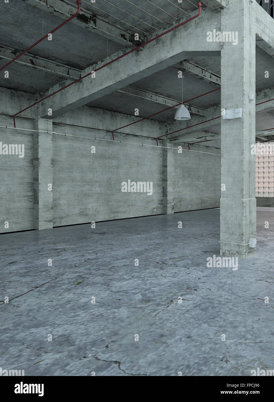 Empty Industrial Loft Interior With Bare Grey Concrete Walls