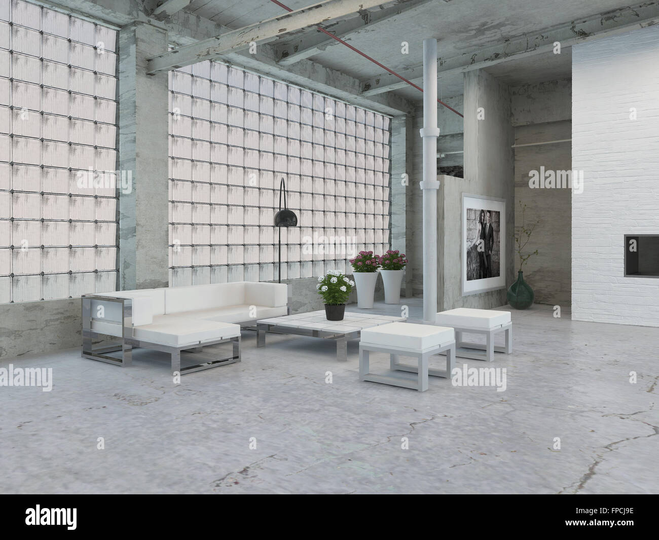Living Area In A Commercial Loft Interior With Concrete
