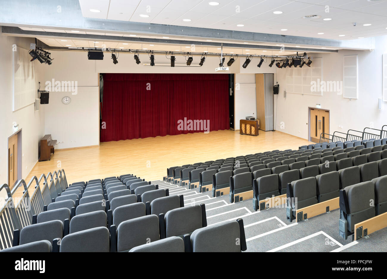 An empty theatre inside Port Glasgow Shared Campus school, designed by Archial Norr Architects. Stock Photo