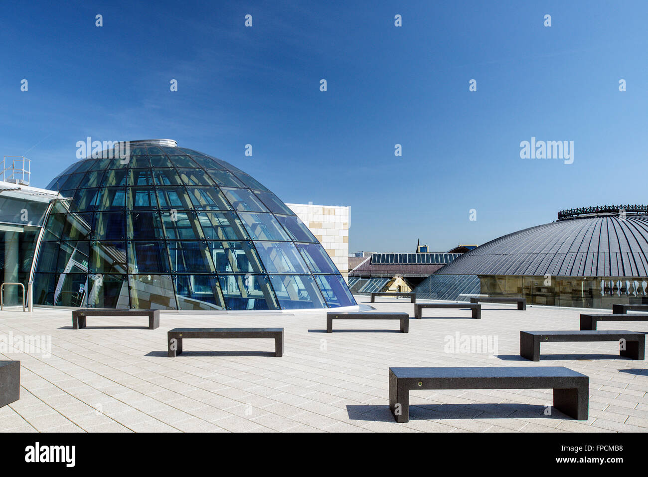 An exterior view of the new and modern building that is home to the Liverpool Central Library, showing the ultra modern design, and the glass globes. Stock Photo