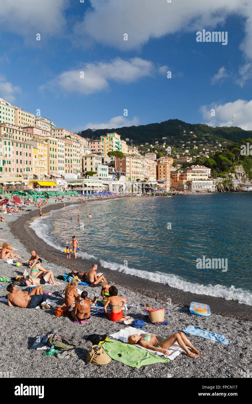Crowds of people enjoying a day out at Camogli beach resort on the Ligurian coast. Stock Photo