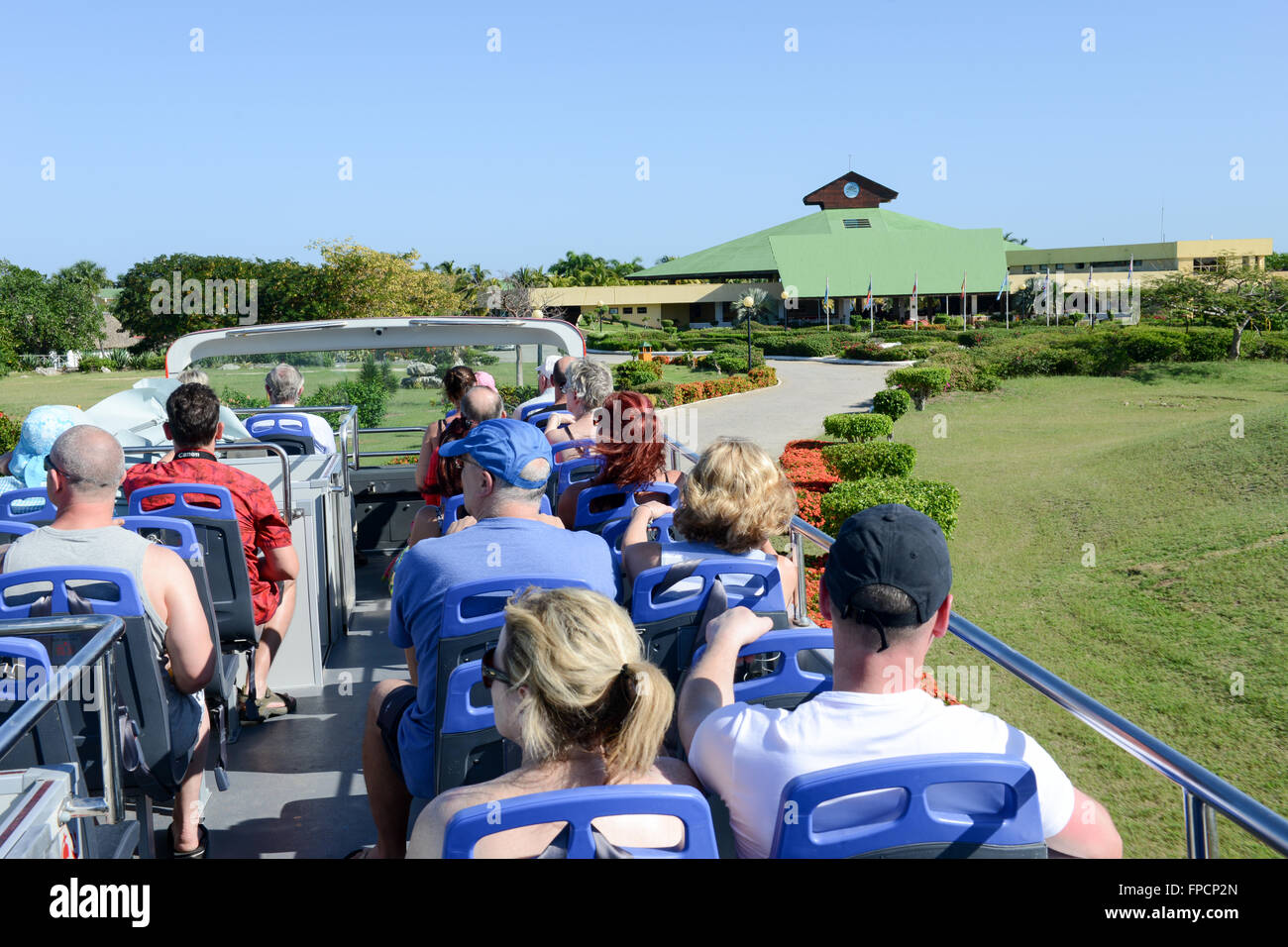 Cayo Coco, Cuba, 16 january 2016 - people on a touristic bus in the park of hotel Tryp Coco on Cayo Coco, Cuba Stock Photo