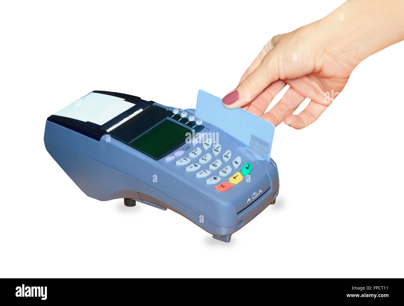 Hand swiping generic credit card on an over counter POS terminal Stock Photo