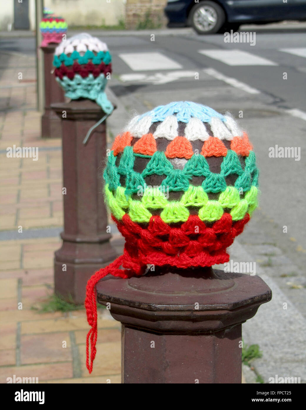 Example of the craze of 'Urban Knitting' also known as 'Yarn Bombing', used by knitting enthusiasts to brighten up urban spaces. Stock Photo