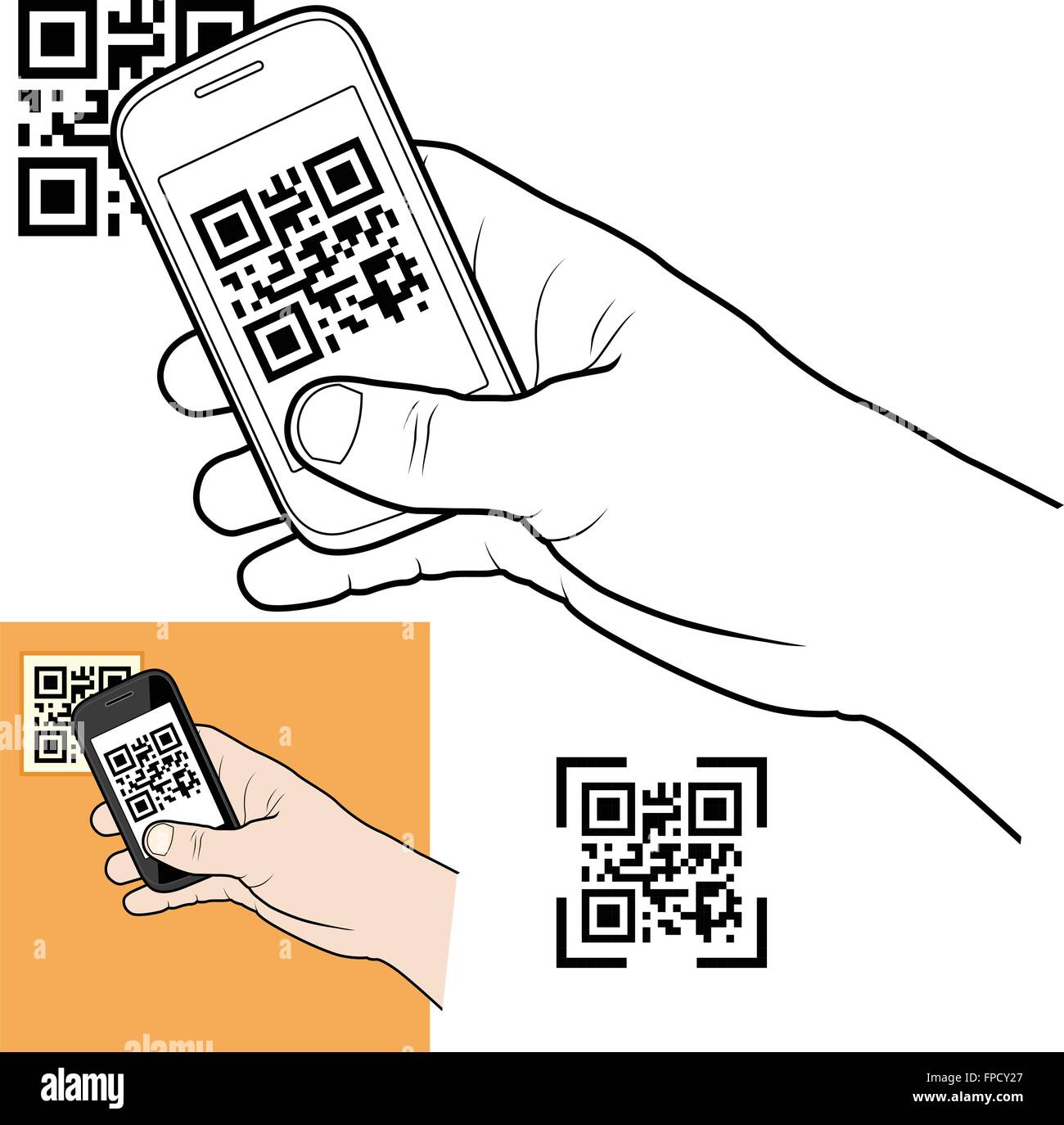 Hand with smart phone taking QR code Stock Vector
