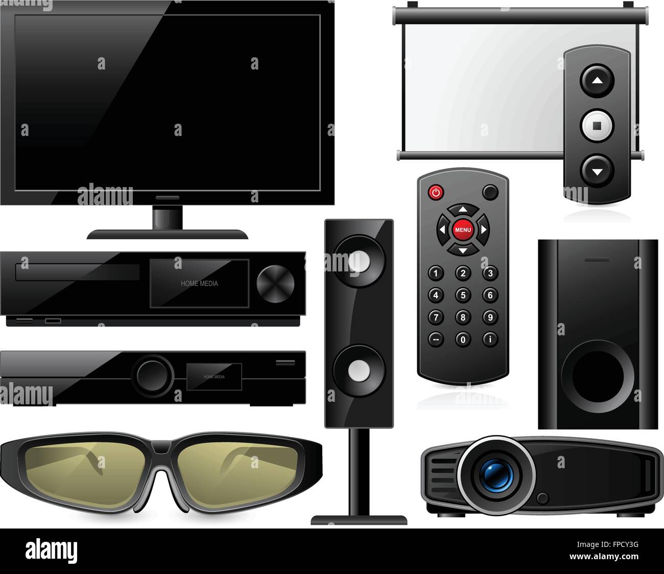 Home theater equipment with 3d glasses and projector Stock Vector