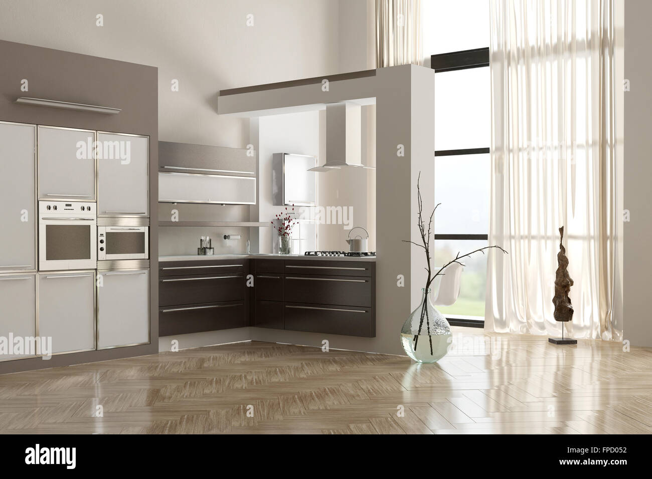 Modern Minimalist Kitchen Interior With Built In Appliances And