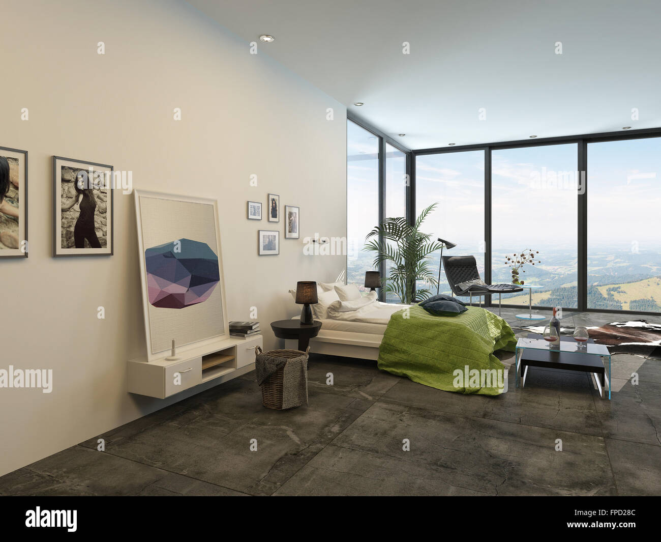 Spacious Bright Modern Bedroom Interior With Large Floor To