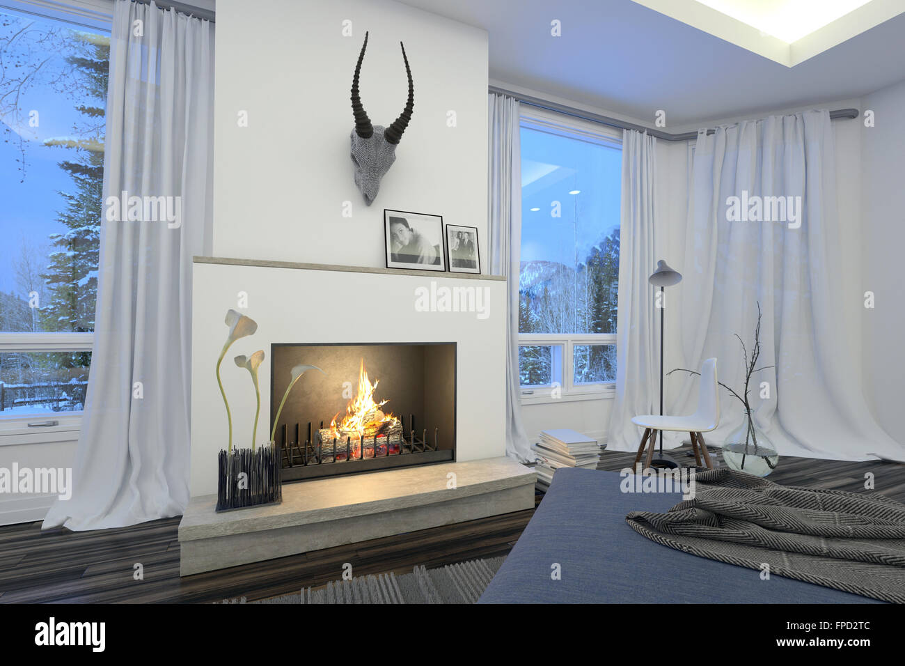 Modern Stylish White Living Room Interior With A Fire Burning In The Grate Under A Hunting