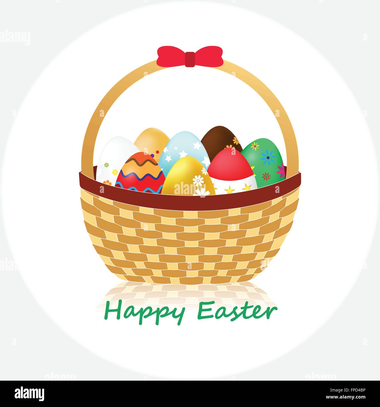 Wicker Basket with Easter Eggs isolated on White background. Vector ...