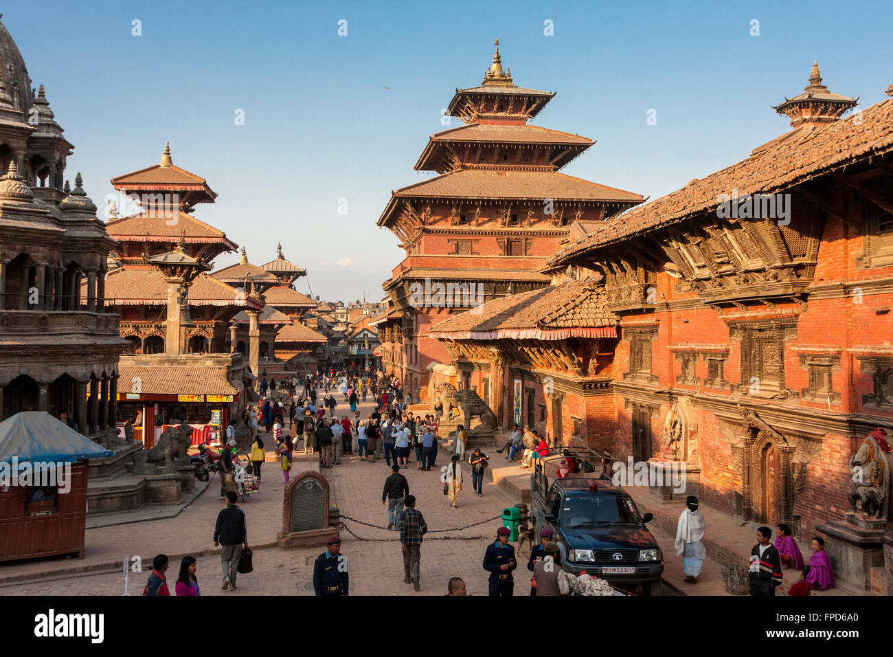 Nepal, Patan.  Entrance to Durbar Square, Royal Palace Tall Building on Right. Feb 19, 2009, prior to earthquake of April 2015. Stock Photo