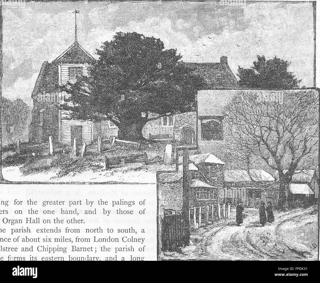 HERTFORDSHIRE: Shenley Church and Village, antique print 1888 Stock Photo