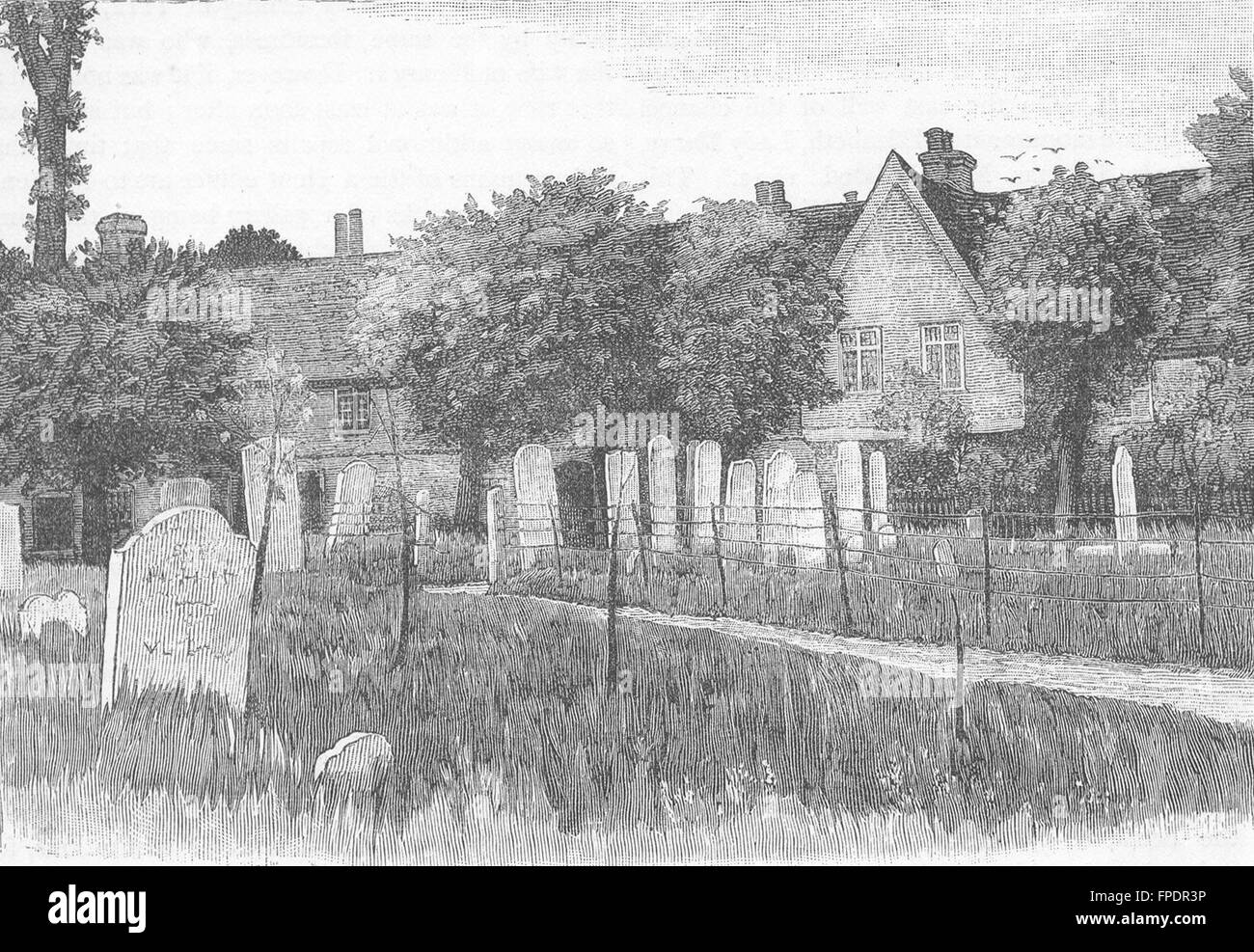WALTHAMSTOW: Grammar school, Almshouses, Churchyard, antique print 1888 Stock Photo